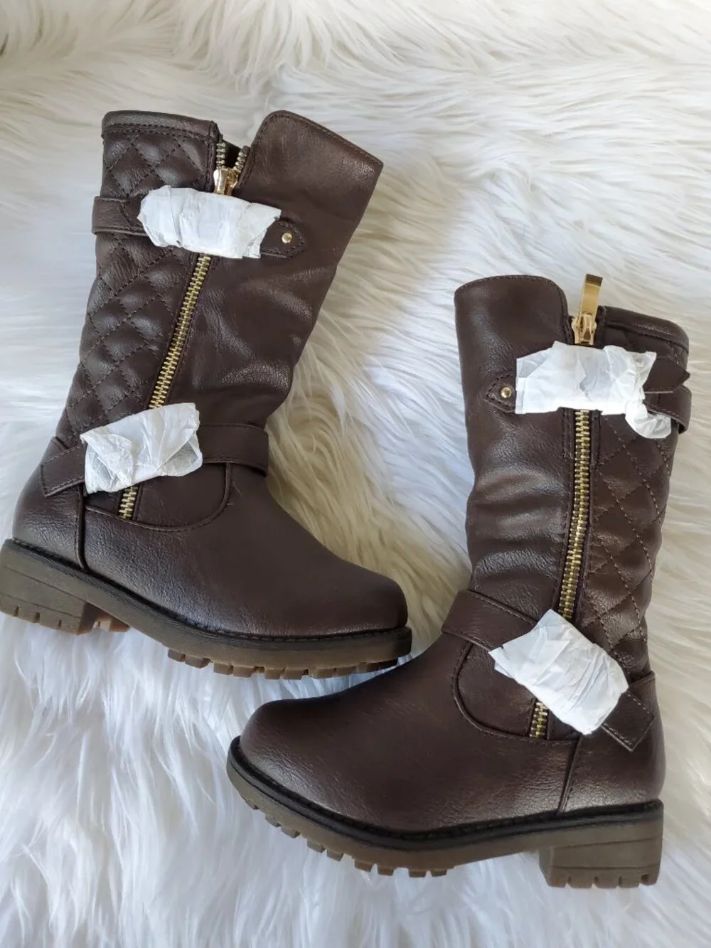 Dream Paris Brown Girl's Mid Calf Quilted Side Panel Buckle Straps Boots SZ 10